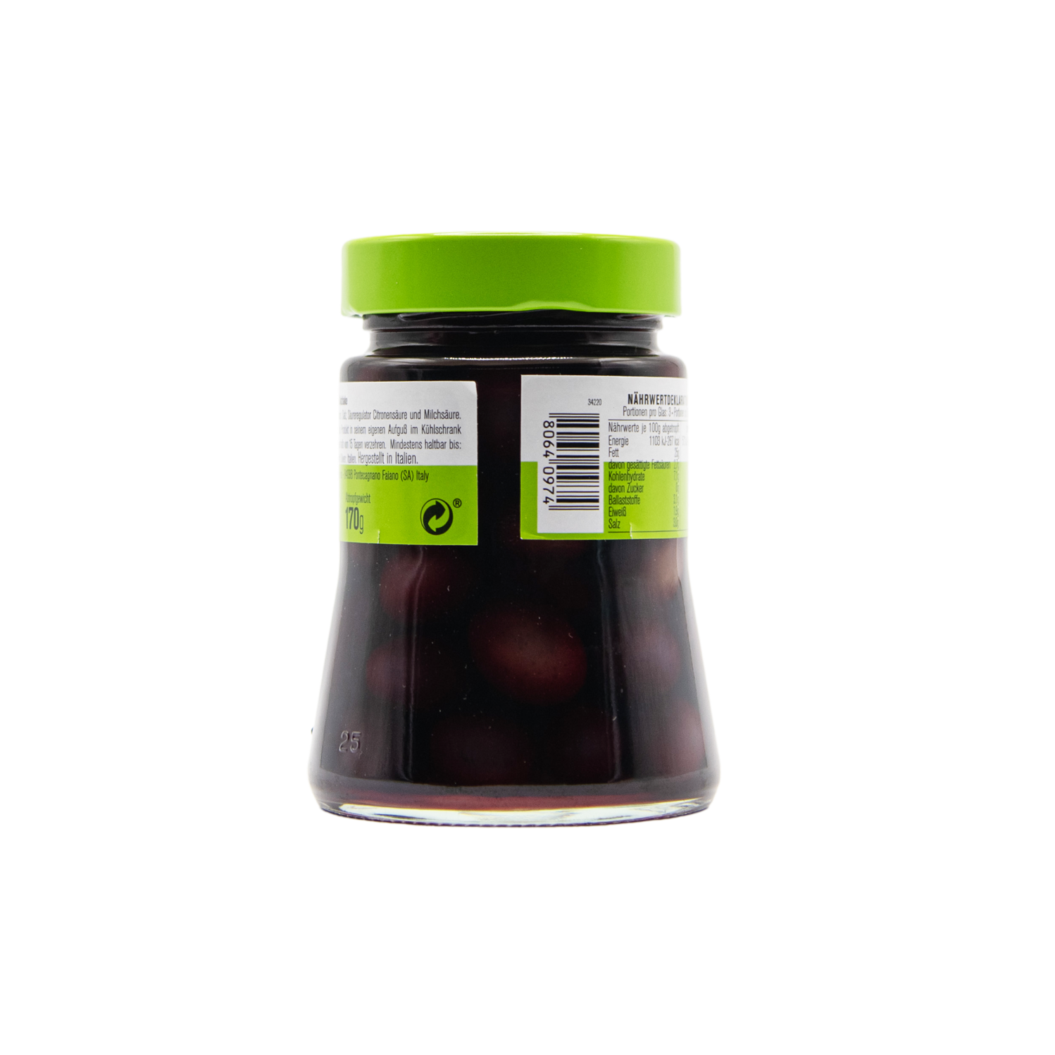 Schwarze Oliven eingelegt in Salzlake im 270 Gramm Glas aus dem L'Osteria Shop