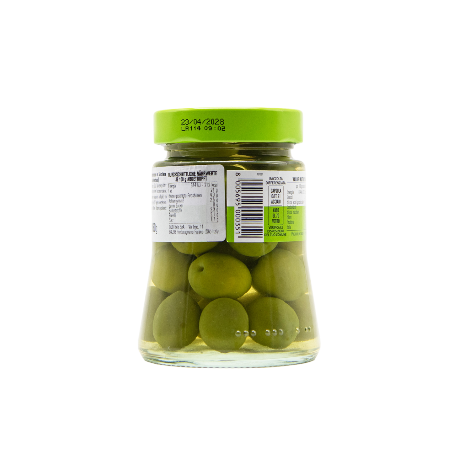 Süße, ganze, grüne Oliven in Salzlake eingelegt im 280 Gramm Glas aus dem L'Osteria Shop