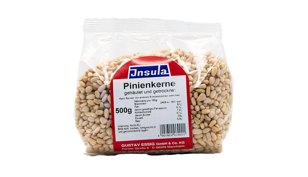 Gehäutete und getrocknete Pinienkerne in der 500 Gramm Packung von Insula