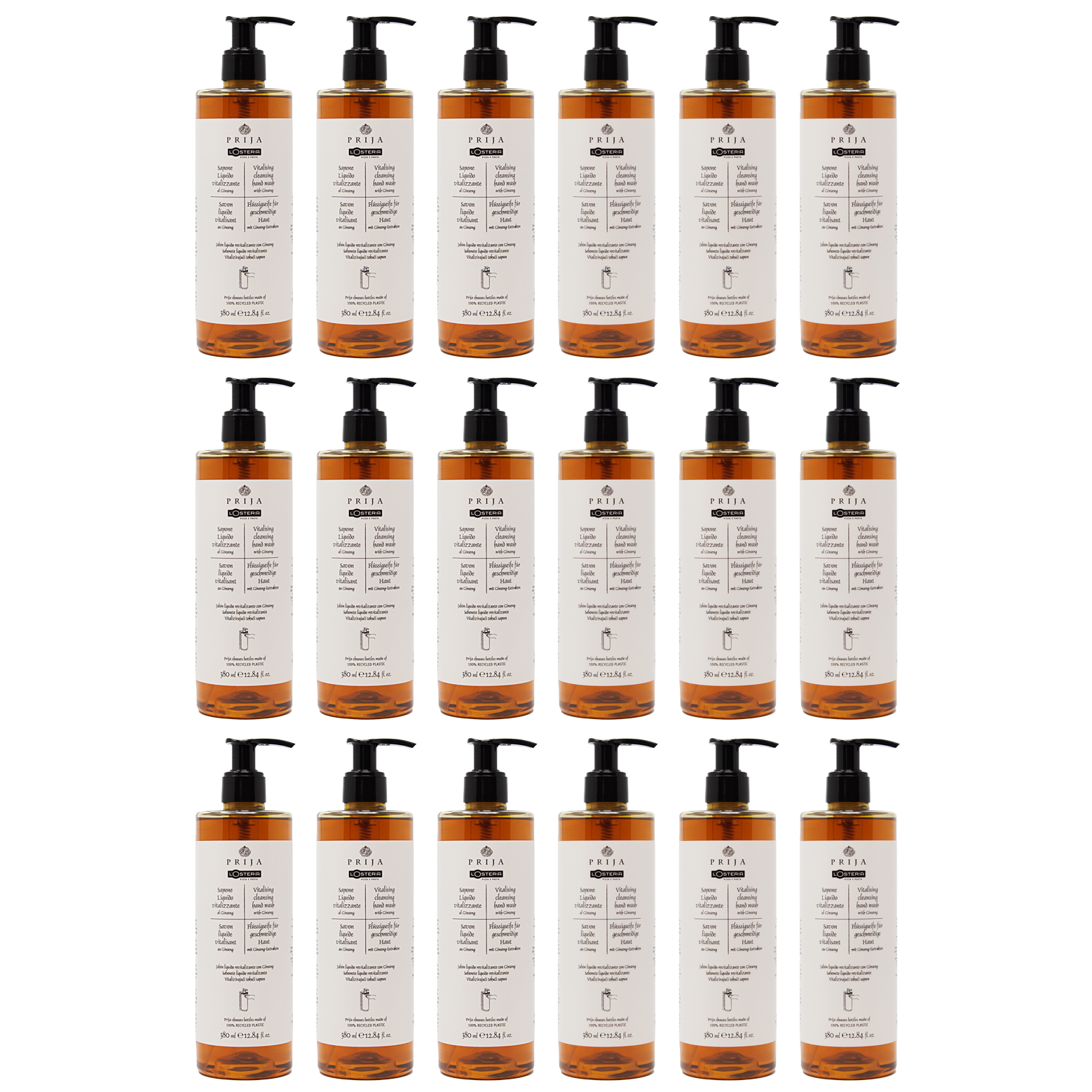 Die Losteria Seife Prija in der 380ml Flasche im 18er Vorteilspack inklusive Pumpspender