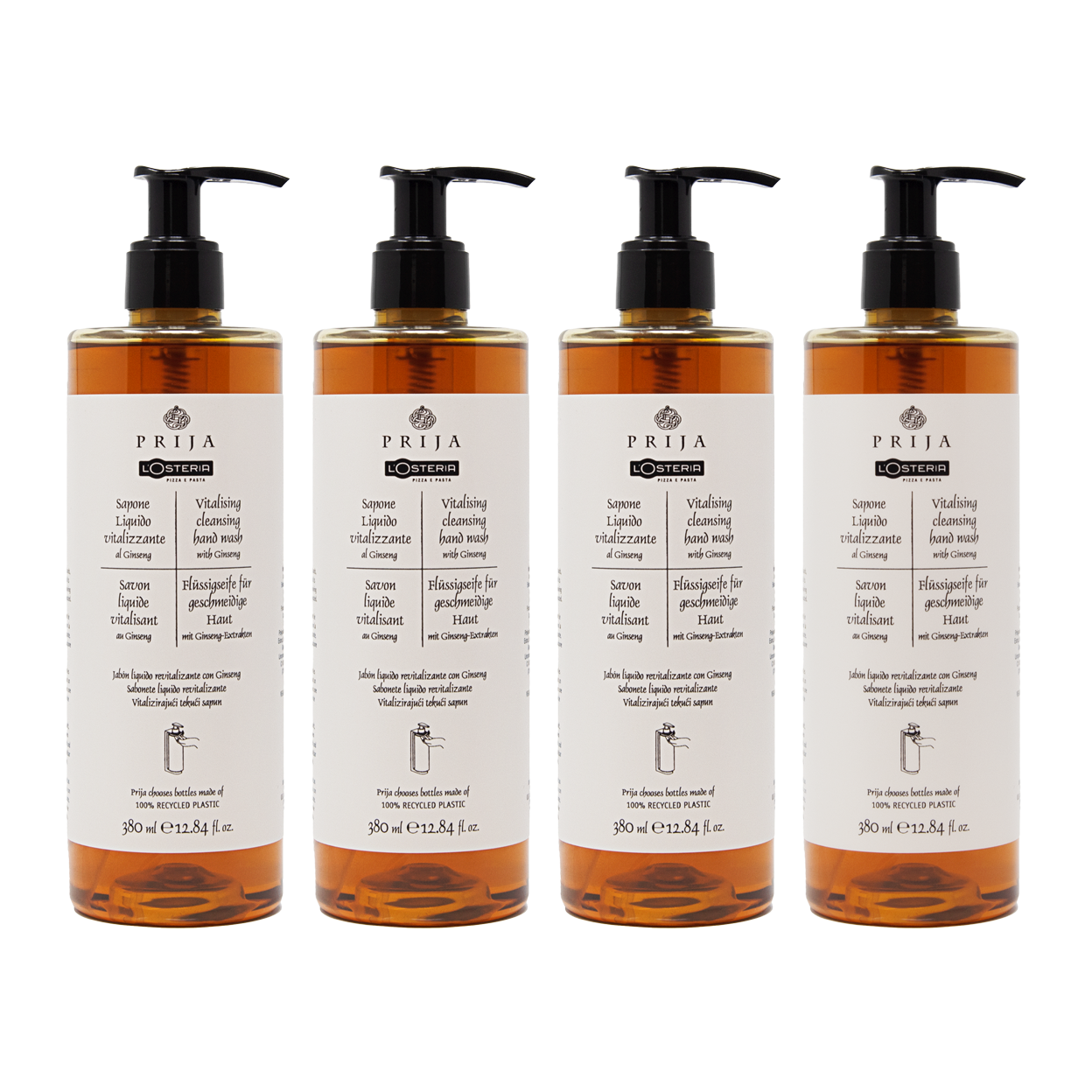 Die Losteria Seife Prija in der 380ml Flasche im 4er Vorteilspack inklusive Pumpspender