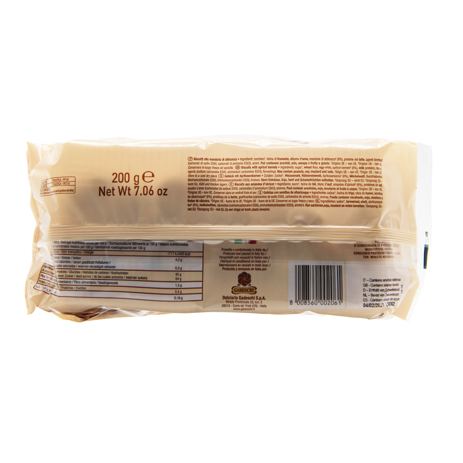 Inhaltsstoffe der Gadeschi Amaretti mit Aprikosenkerne in der 200 Gramm Packung im L'Osteria Shop