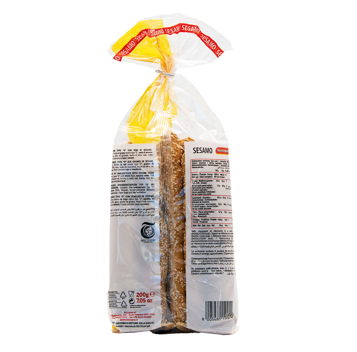 Inhaltstoffe der Sesam Grissini von biscopan in der 200 Gramm Packung aus dem L'Osteria Shop