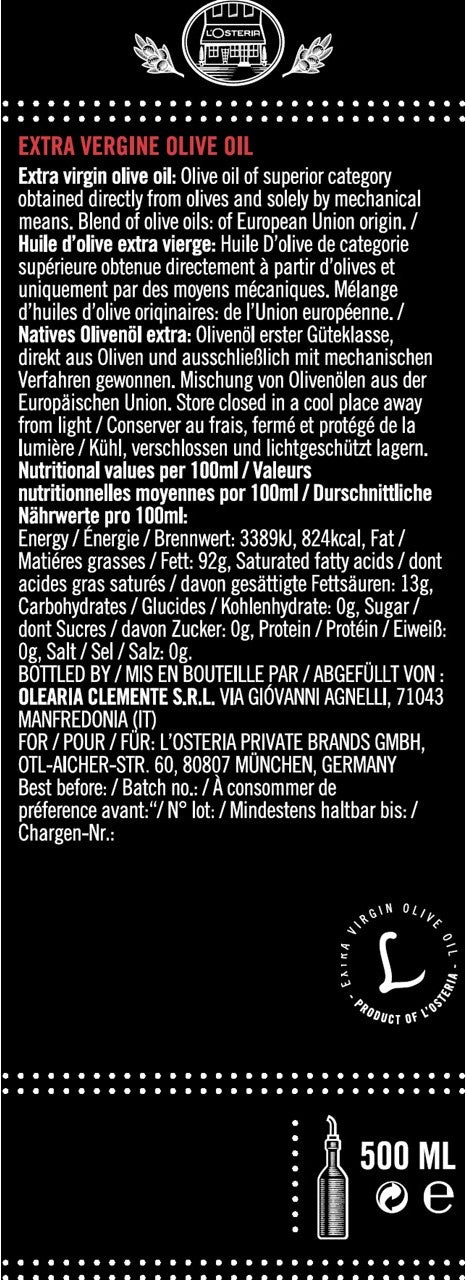 Inhaltsstoffe des L'Osteria Natives Olivenöl Extra in der 500ml Flasche
