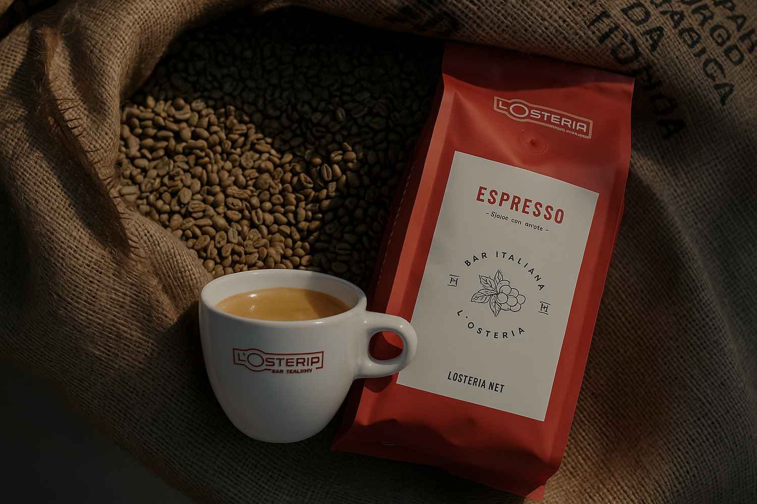L’Osteria Espresso Packung mit frischem Espresso in einer weißen Tasse auf einem Sack voller Kaffeebohnen.