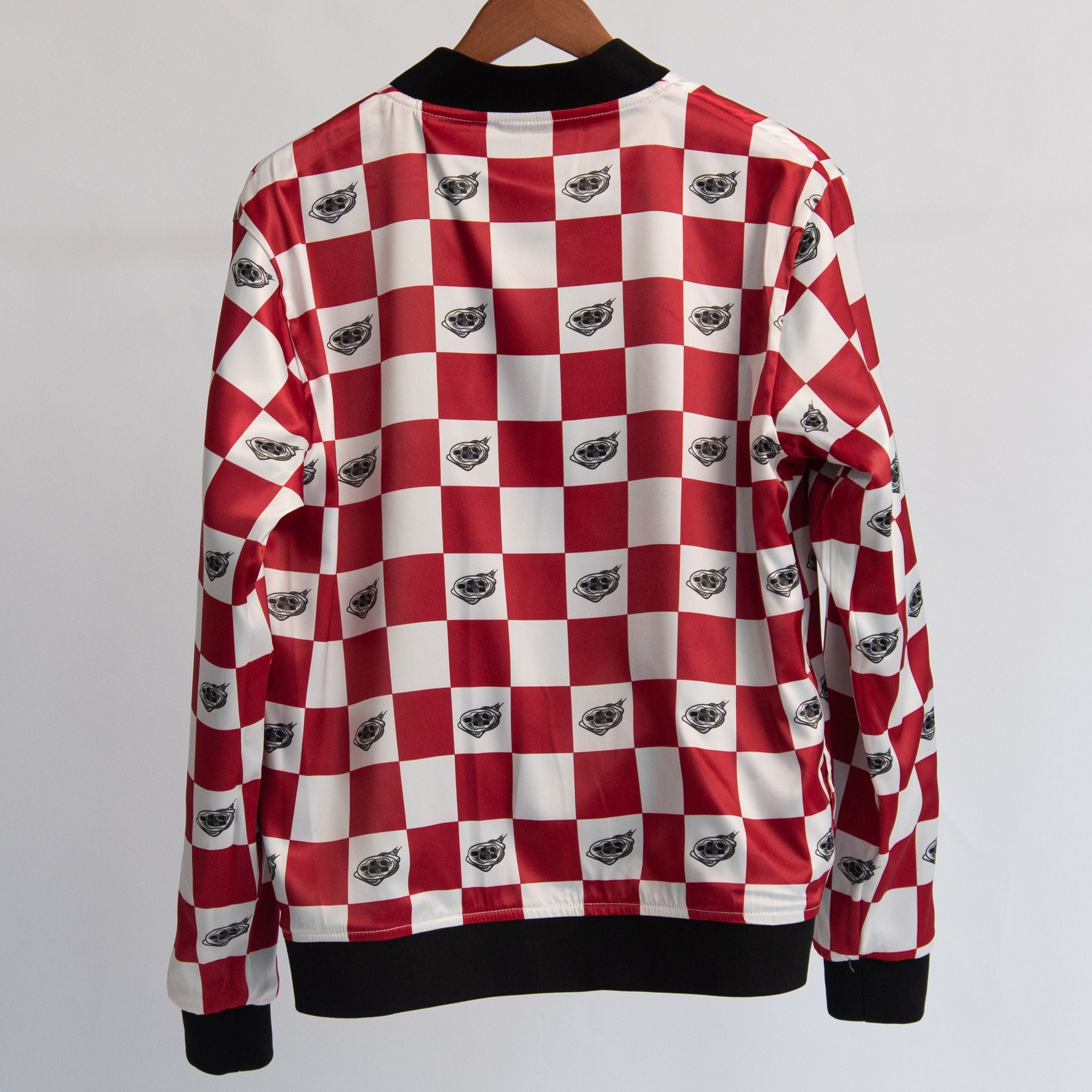 Die schwarze Wende-Bomberjacke mit allover-print aus der Pizza Kollektion der L'Osteria